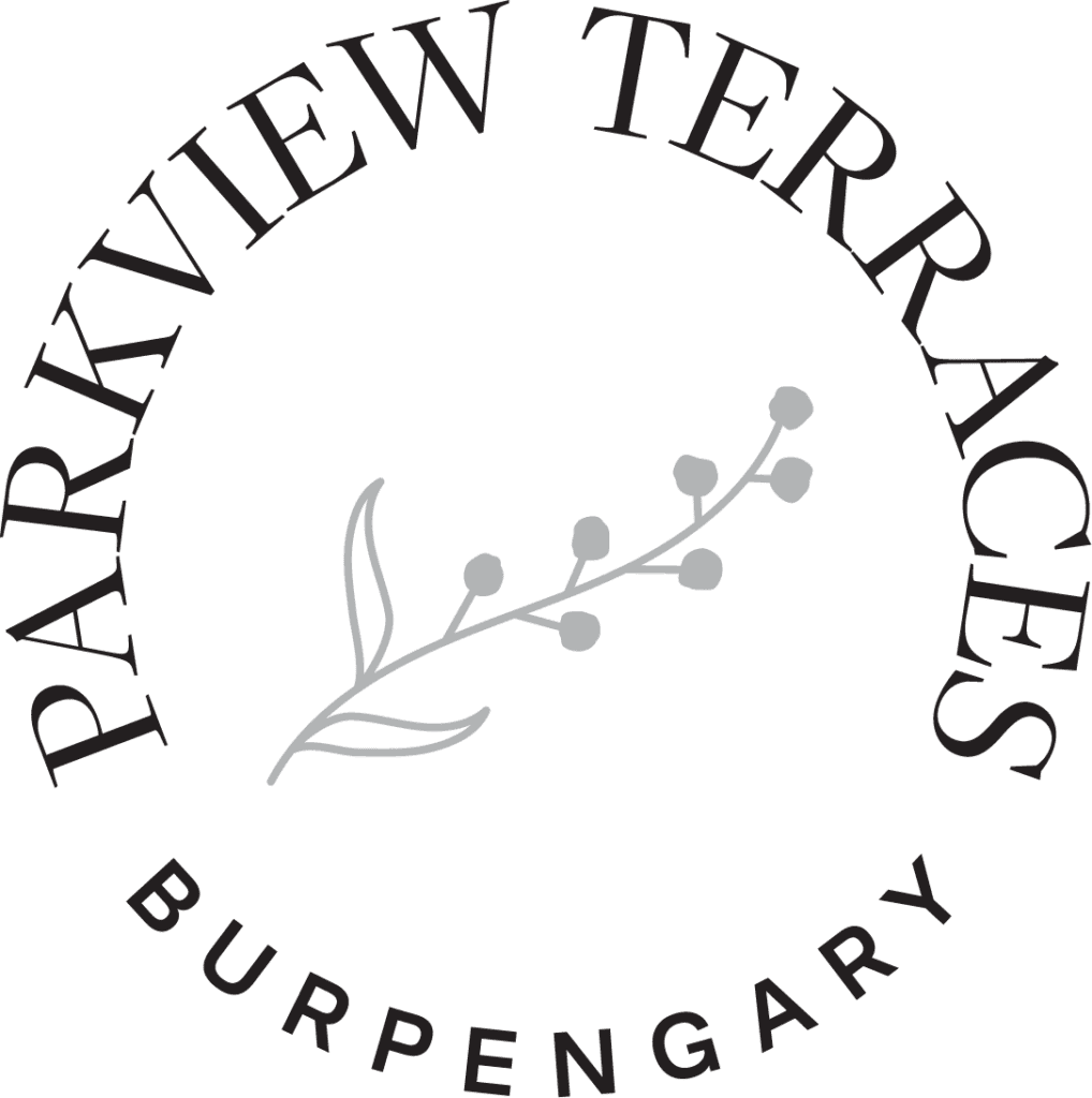 Logo of Parkview Terraces featuring text and a botanical illustration in grayscale.